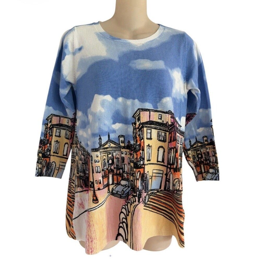 Joseph A. Multicolor Palazzo Paris Scenic Print Pullover Sweater Size Medium